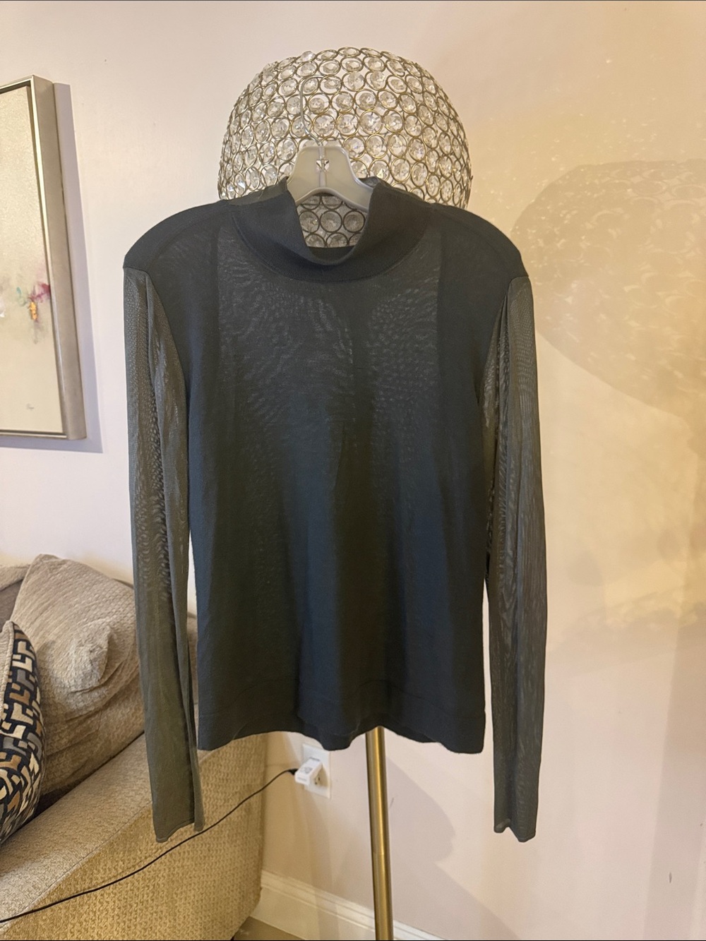 Giorgio Armani Black Sheer Long-Sleeve Mock Neck Top size 46